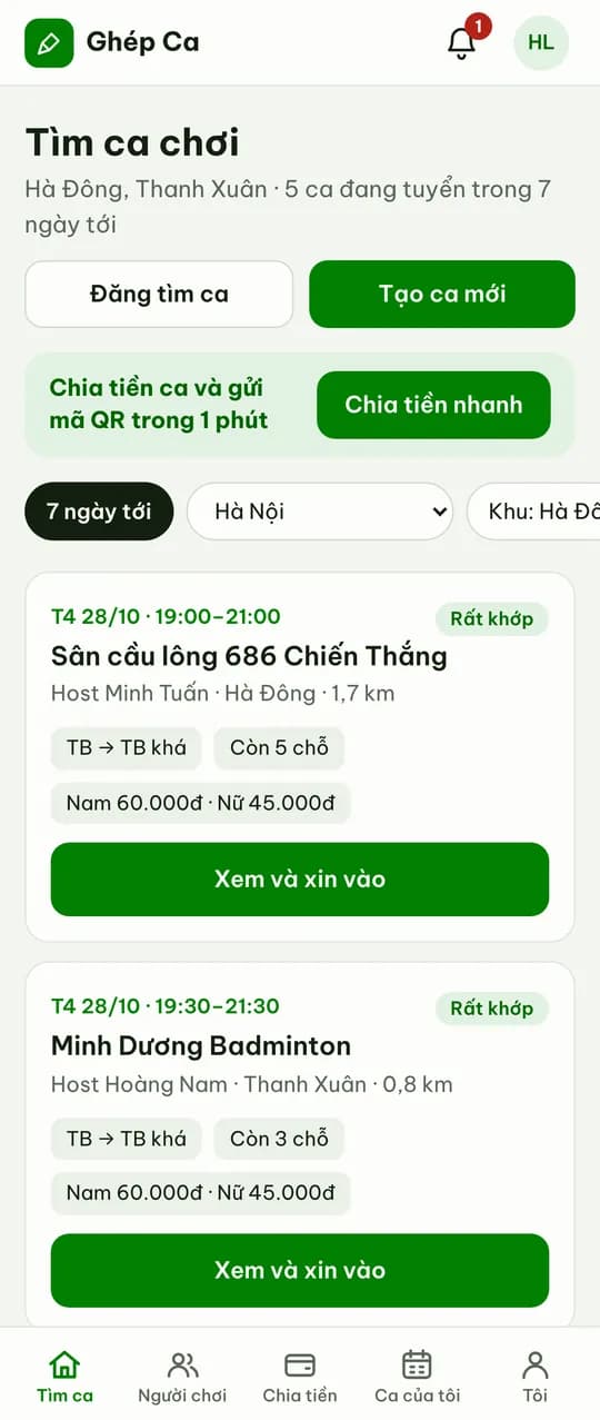 Danh sách ca cầu lông gợi ý gần bạn