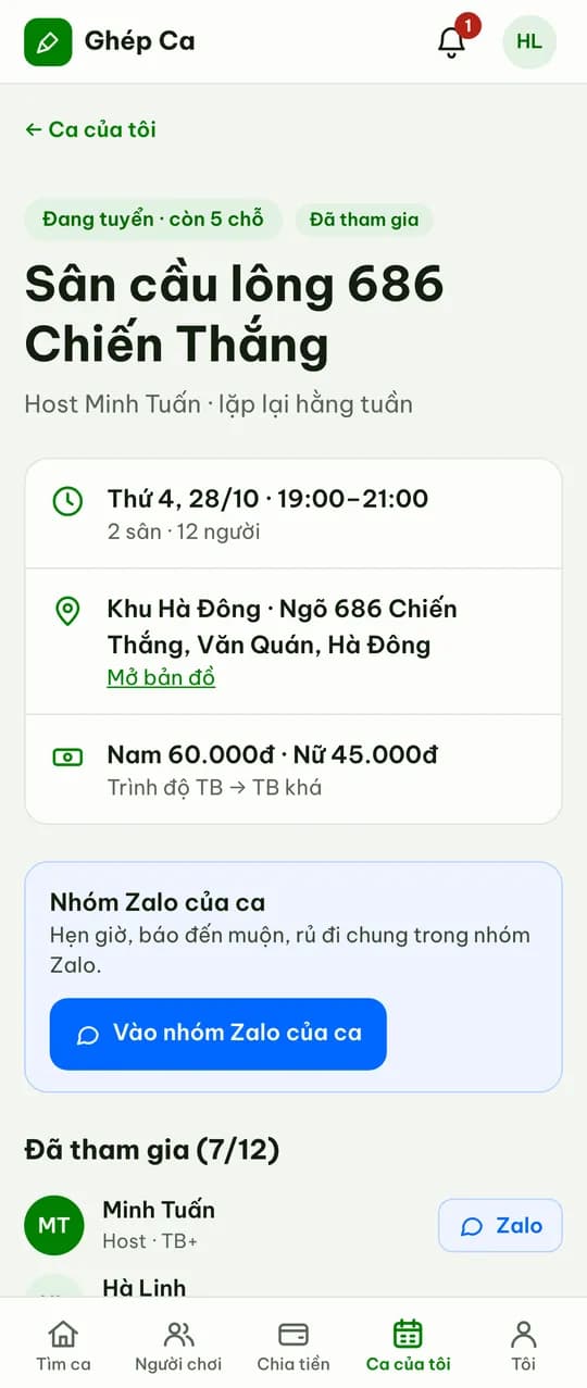 Chi tiết ca: giờ, sân, giá nam nữ