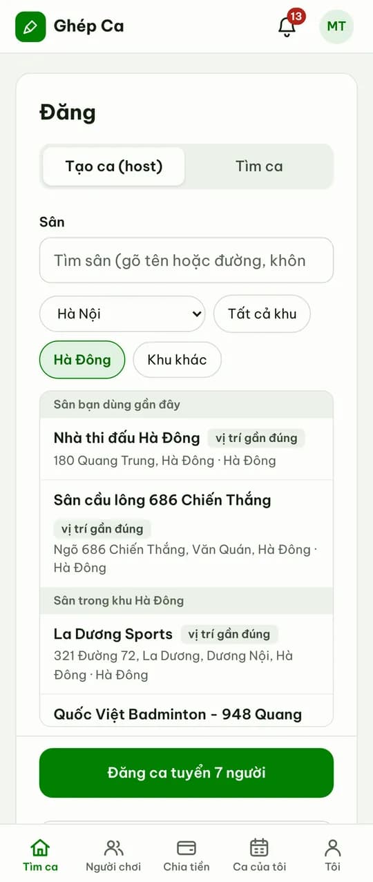 Màn hình tạo ca tuyển người