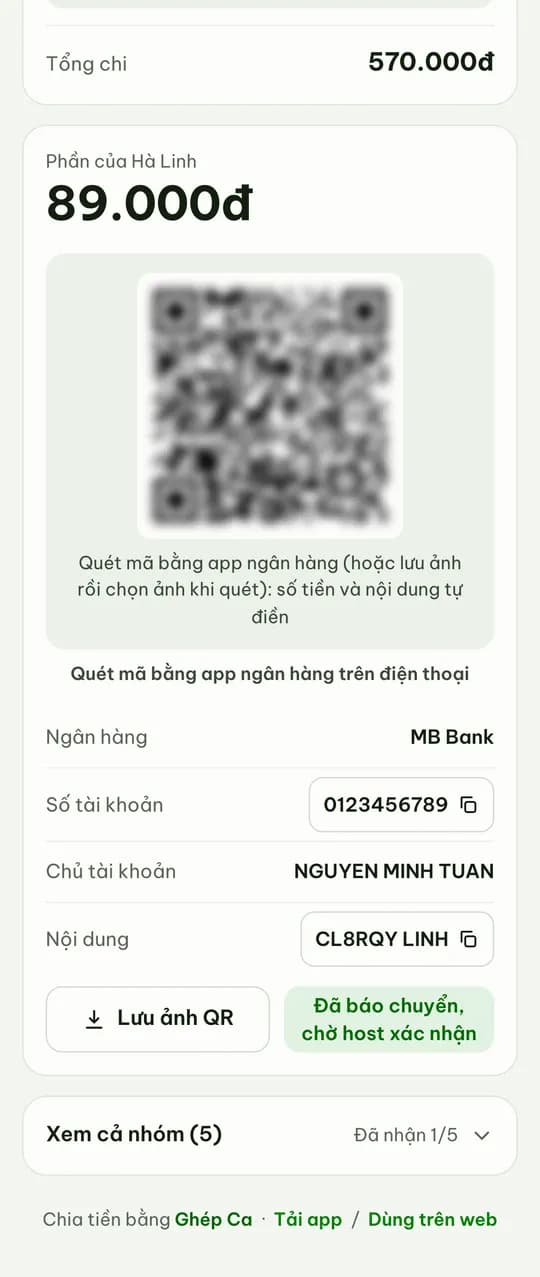 Mã VietQR điền sẵn số tiền cho từng người
