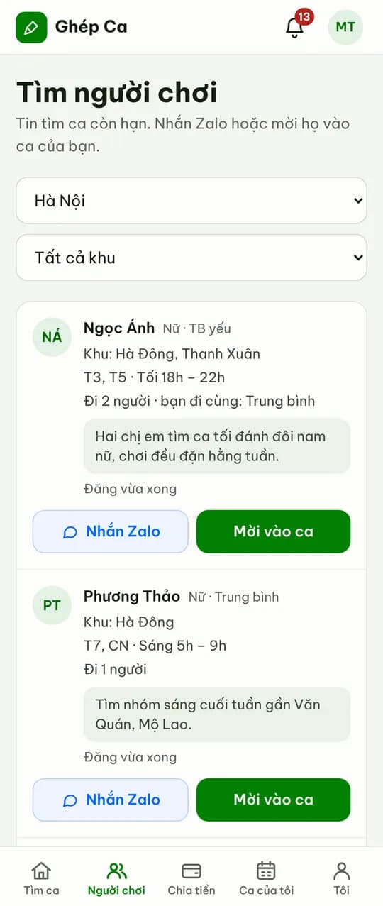 Danh sách người đang tìm ca